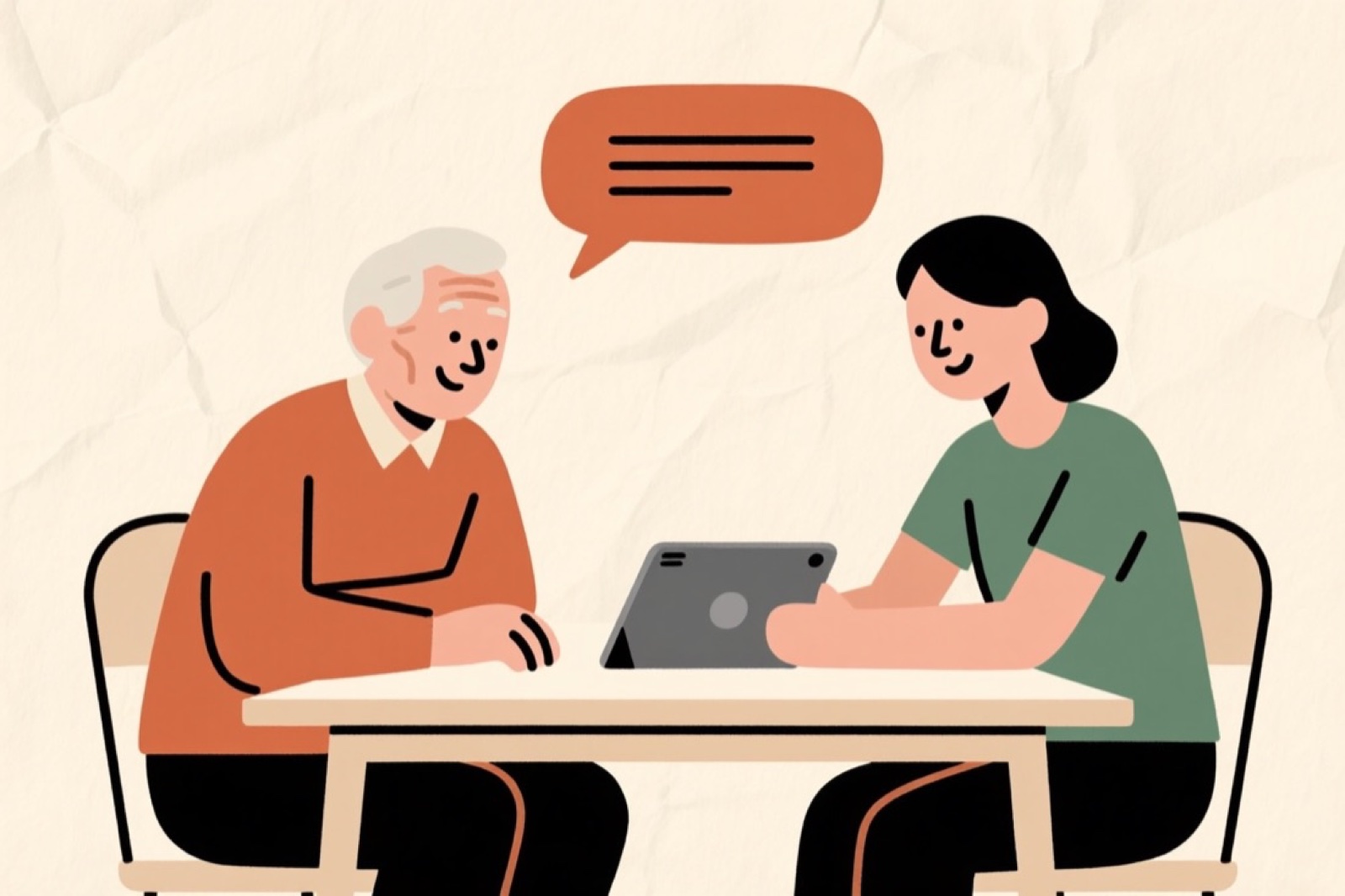 Flat illustration, not a photograph: an older adult and a helper sit at a table as equals, looking at a tablet together, with a speech bubble of caption lines above them.