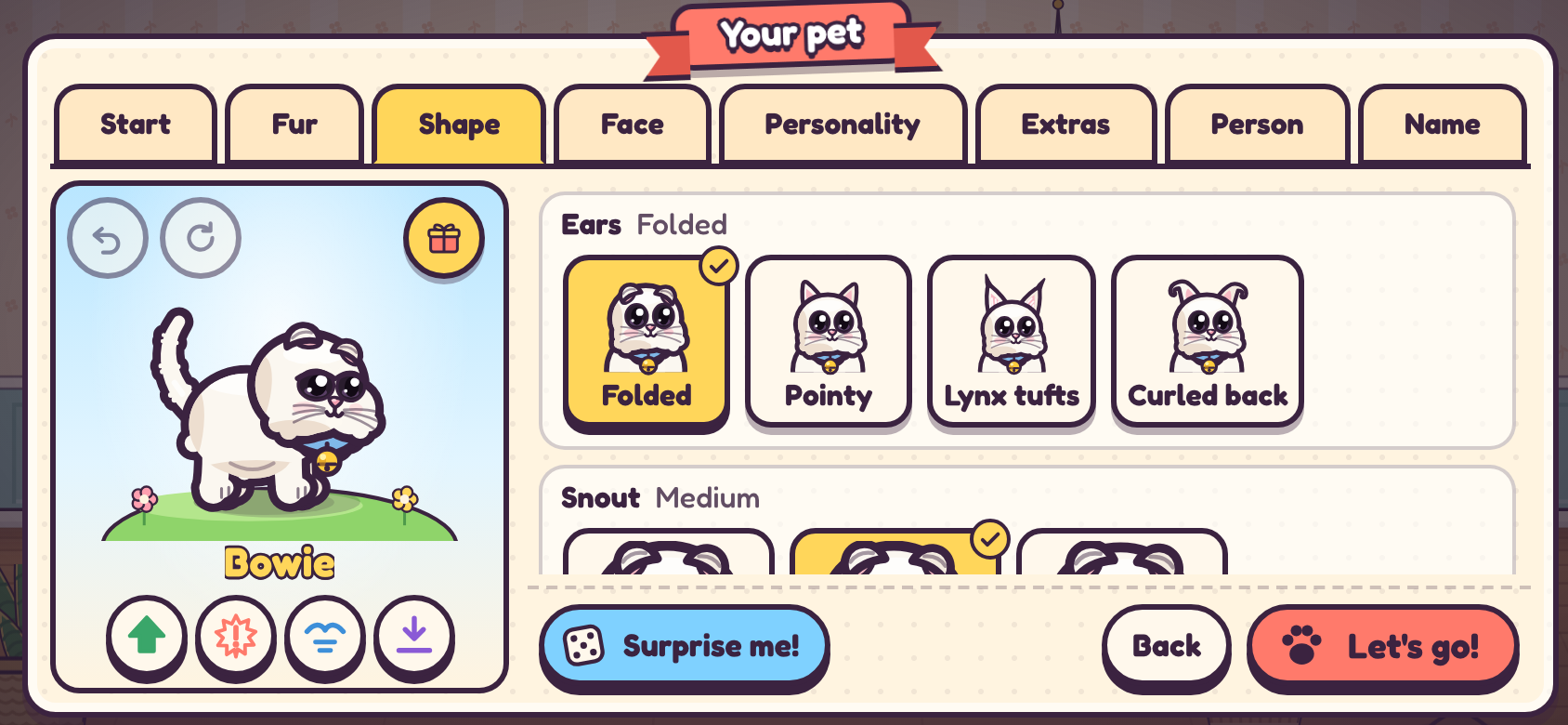 Sparkle Classic development preview showing a custom cartoon cat and pet appearance choices; no shelter animal or adoption profile is shown.